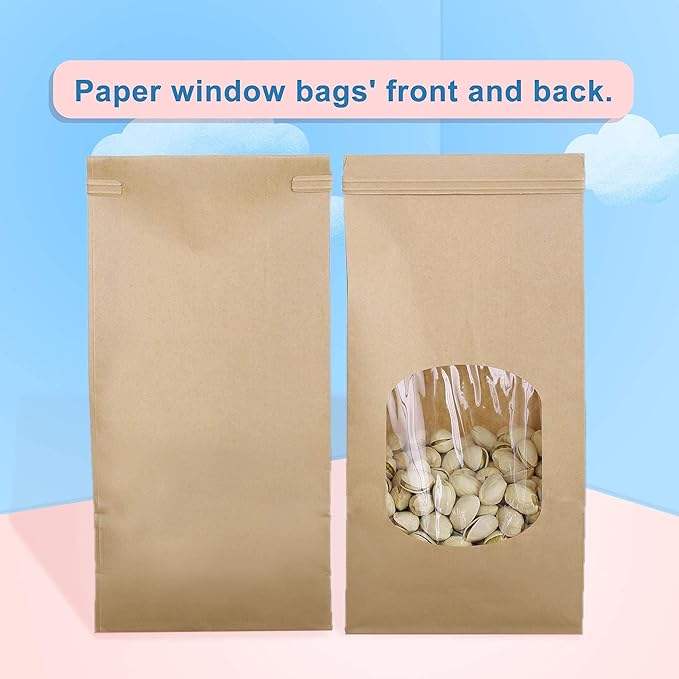 Kraft Paper Bag Clear Window Tin Label Lock for Storing Cookies Rustic Brown Sturdy Moisture-Air Protected Custom Bread Bags