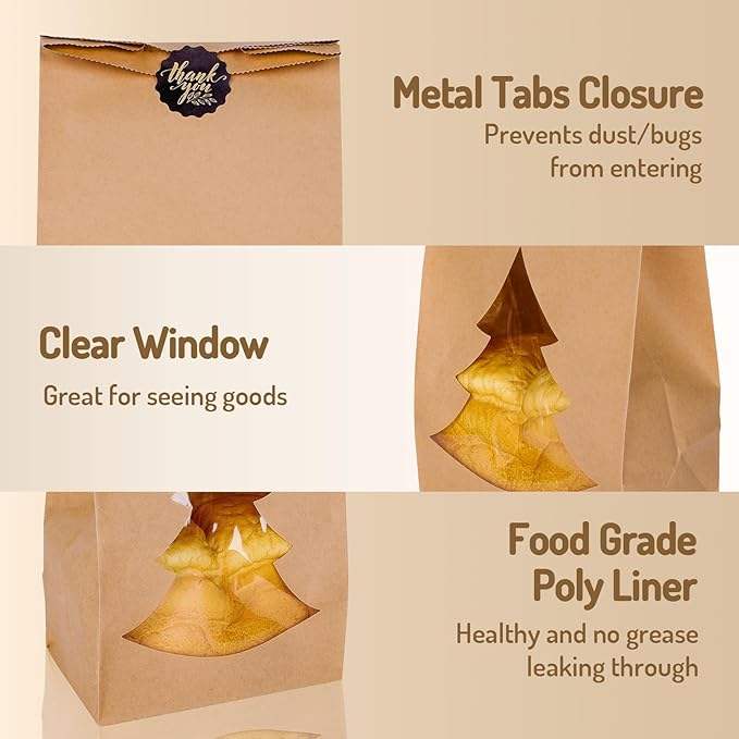 Christmas Paper Bread Bag with Window Kraft Paper Bread Storage Bags Labels Cookie Coffee Beans Custom Bread Bags