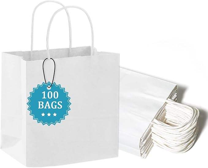 Gift Bags White Kraft Paper Bags Handle Bulk Take-out Grocery Retail Shopping Businesses and Parties
