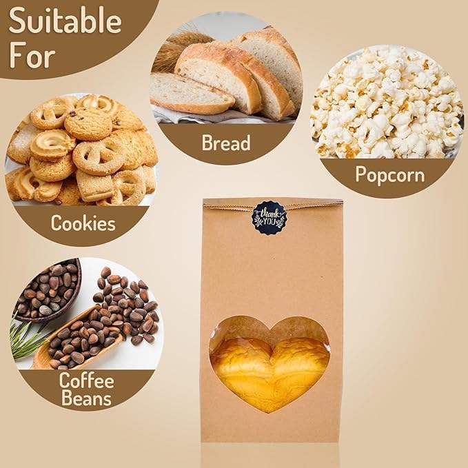 Homemade Bread Storage Bag with Heart Window and 30 Decal Kraft Paper Bread Bags Custom Bread Bags