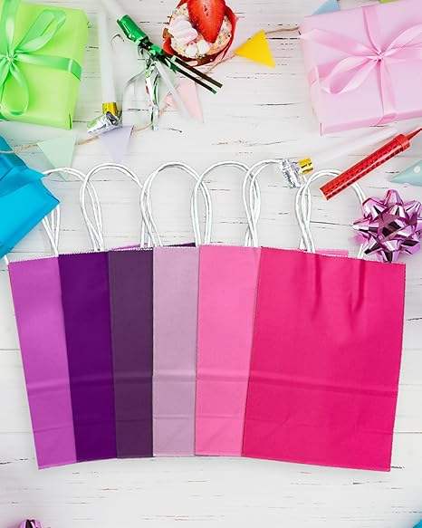 Bulk Small Kraft Paper Gift Bags with Handles 6 Different Pink and Purple Colors for Crafts and Clothing Multiple Uses