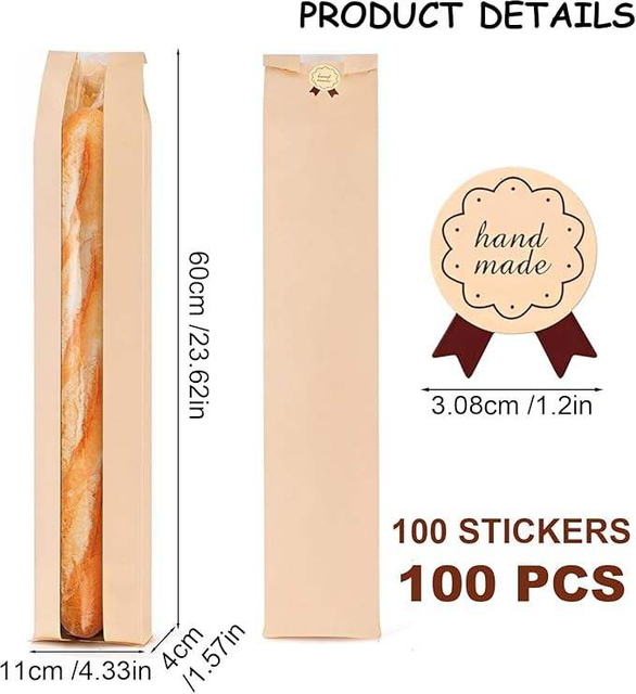 Brown Cowhide Storage Paper Bags with Window Long French Cookie Package for Breads and Cookies Custom Bread Bags