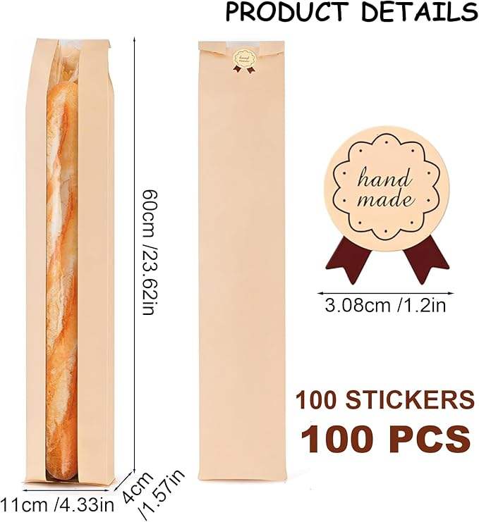 Brown Cowhide Storage Paper Bags with Window Long French Cookie Package for Breads and Cookies Custom Bread Bags