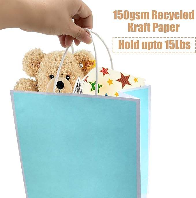 24 Blue Paper Bag with Handle Kraft Paper Wedding, Birthday, Baby Shower Party Gift Bag Commercial Retail 100% Renewable