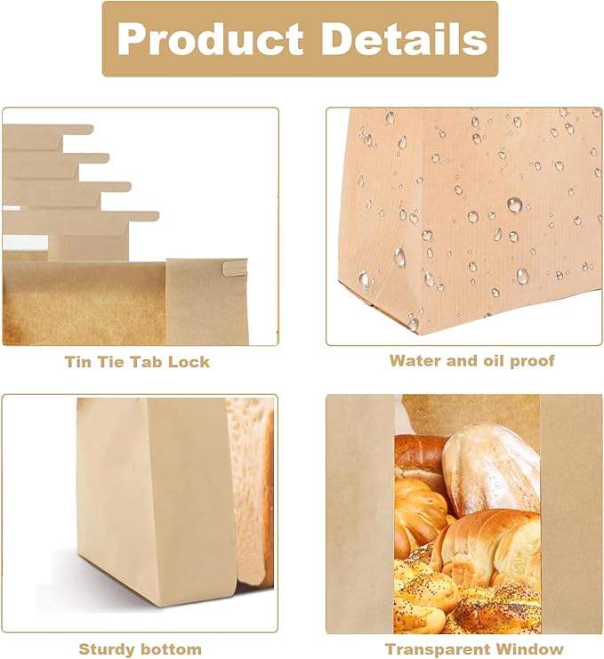 Industrial-Grade Tin Tab Seal Commercial-Grade Window Bags Personalized Kraft Paper for Fresh Baked Goods Custom Bread Bags