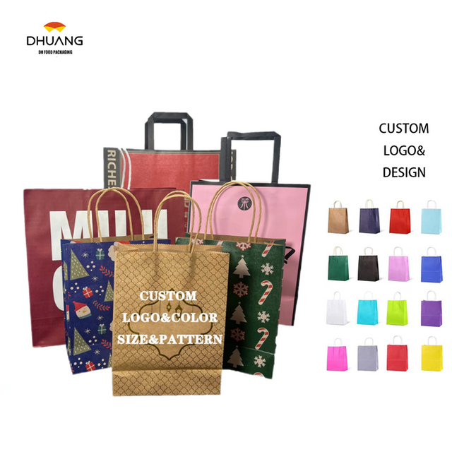 Custom Size Printed logo Paper Bags Kraft Paper Bags for Shopping and Grocery Stores Brown Customizable logo Shopping Bags