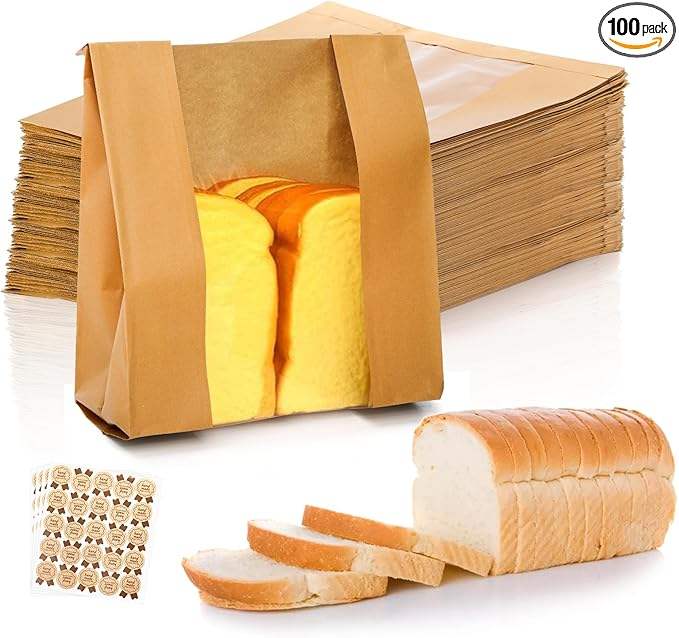 100 Packages Paper Bread Bag with Window with Stickers for Sandwich Candy Cookies Doughnuts Custom Bread Bags