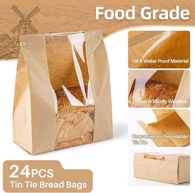 Bread Bag Reusable Lanyard - Dark Brown Paper Toaster Bag with Window Disposable Baked Custom Bread Bag