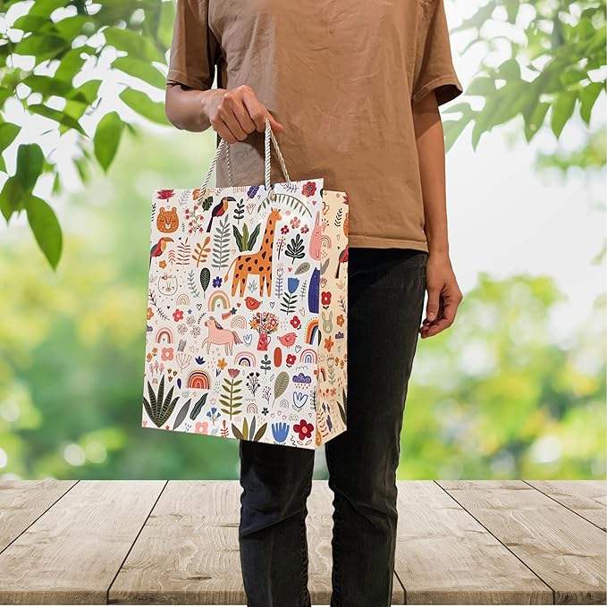 Fun Colorful Durable Reusable Medium Large Tote Kids' Paper Gift Bag for Birthday Parties School Picnics Outdoor Activities