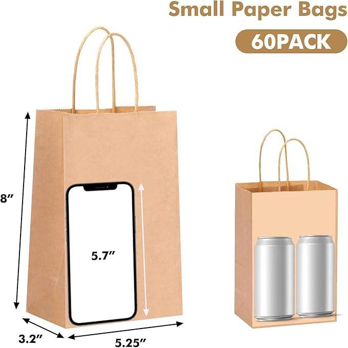 60pcs Paper Bags Gift Bags Brown Small Paper Gift Bags with Handles Bulk for Shopping Birthday Wedding