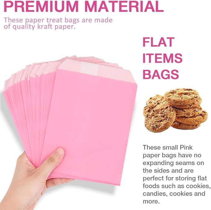 Flat Pink Paper Bag for Snacks and Desserts for Baking Cookies and Chocolate Eco-Friendly Packaging Oil-proof Paper Bag