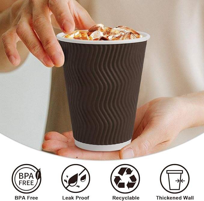 12 oz Disposable Coffee Cup, 100 Count Insulated Paper Cup, Corrugated Wall Design, Hot and Cold Drink Cup, Party, Travel