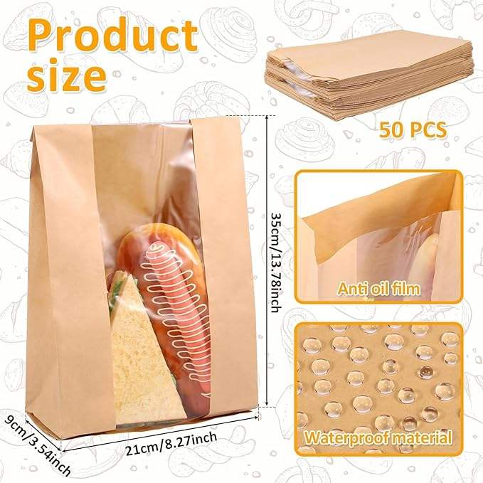 50 Bread Bags with Window for Storing Bread Cookies and Snacks 50 Sealable Stickers Custom Bread Bags