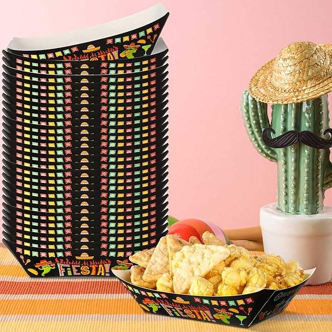 Paper Food Trays 2 lb Nachos Disposable Trays Mexican Theme Decorated Popcorn Tacos (Classic)