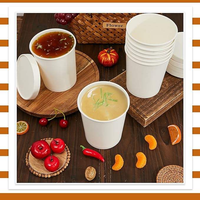 32 oz Paper Soup Container with Lid Disposable Cowhide Soup Food Bowl Microwave Food Storage Ice Cream Container (White)
