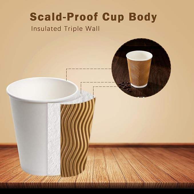 120 Pack 12 oz Disposable Corrugated Insulated Corrugated Wallpaper Coffee Mug, Hot and Cold Drink Mug Office (Champagne Color)