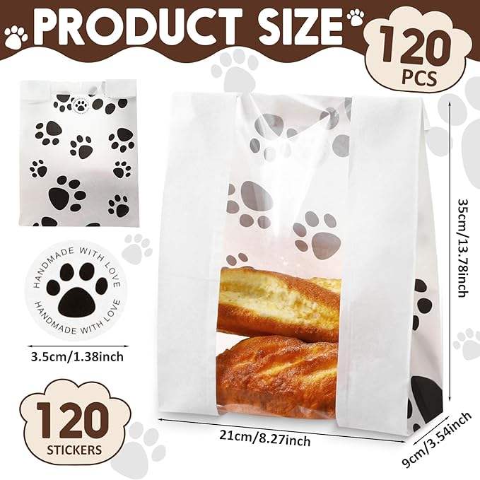 120 Large Bread Bags with Window 120 Sealable Sticker "clawed Yeast Paper Bread Bags for Baked Goods (brown) Custom Bread Bags