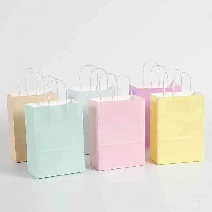 Pastel Green Small Kraft Paper Bags with Handles Recycled Materials Offset Printing for Crafts or Logo Use Gift Bags