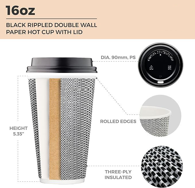 16 oz Disposable Coffee Cup Insulated Corrugated Double-walled Paper Cup with Lid Black and White Geometry Hot Drink Coffee Cup