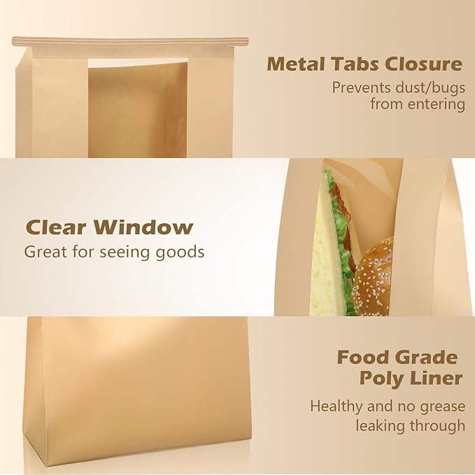 Packages Large Kraft Paper Bread Bag With Window Tin Tag Lock Food Bag to Store Homemade Bread Custom Bread Bags