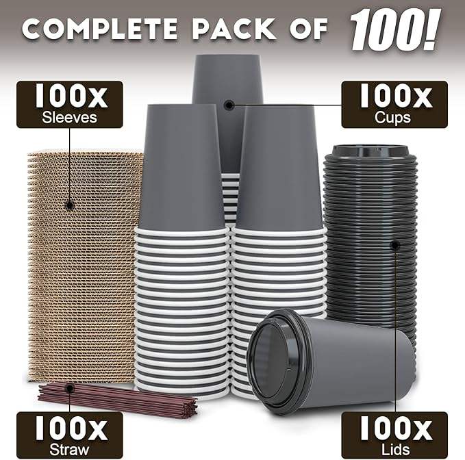 12 oz Disposable Coffee Cups with LIDS and Straws 100% Biodegradable and Compostable Pla Eco-friendly Paper Coffee Cup