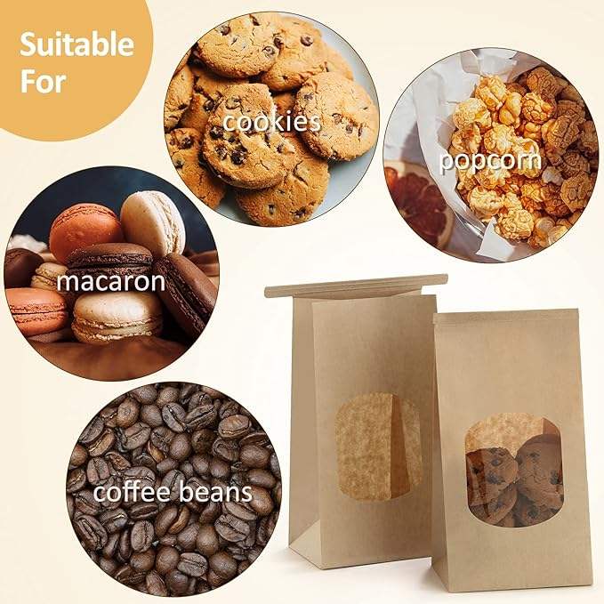 Windowed Packaging Food Bags Made of Kraft Paper Suitable for Holding Tea Coffee Beans Biscuits Customizable Oil-proof Paper Bag