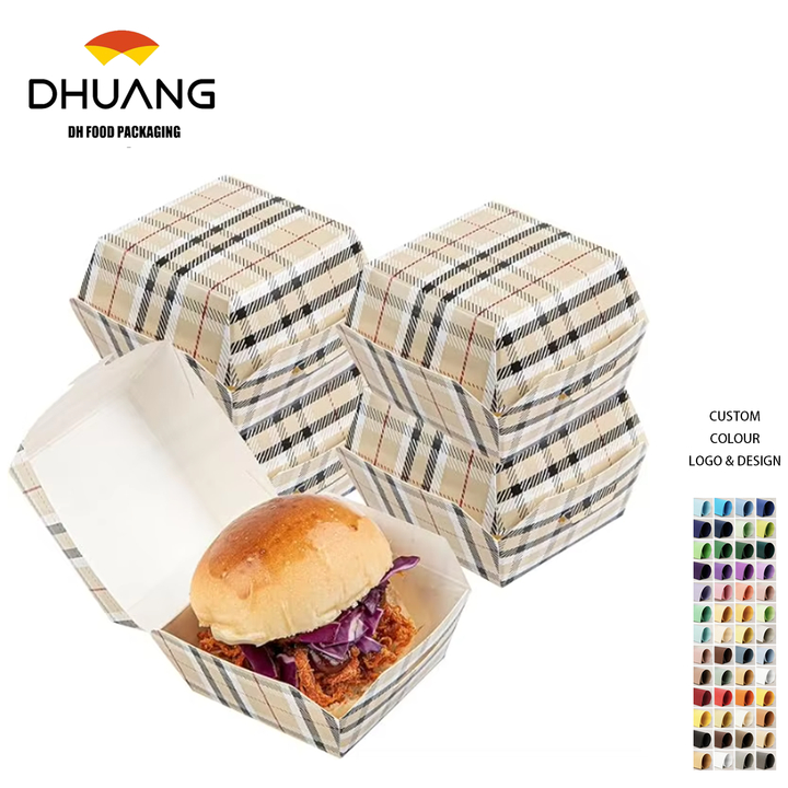 Disposable Plaid Paper Hamburger Box with Hinged Lid Kraft Cardboard Takeout Container for Mini Burgers or Desserts Food Box