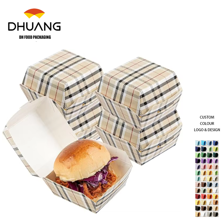Disposable Plaid Paper Hamburger Box with Hinged Lid Kraft Cardboard Takeout Container for Mini Burgers or Desserts Food Box