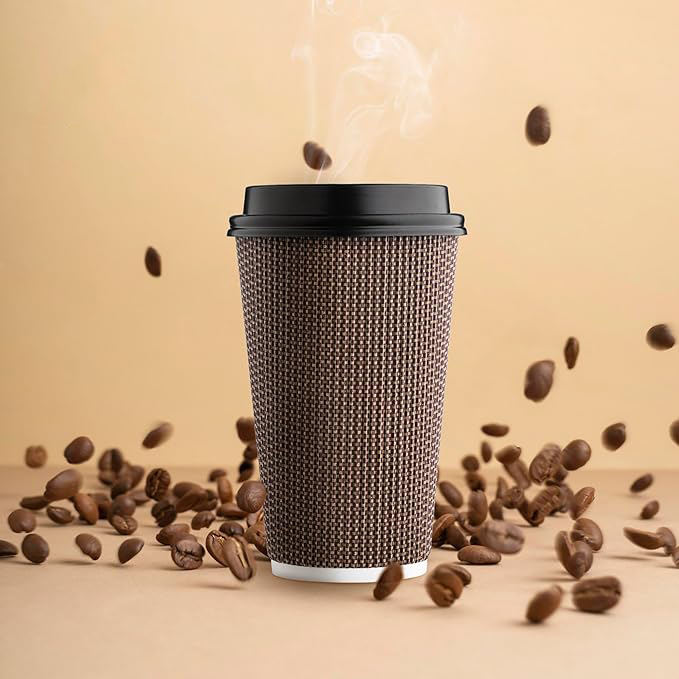 16 oz Disposable Coffee Cup Insulated Corrugated Double-walled Paper Cup with Lid Brown Geometry Hot Drink Coffee Cup