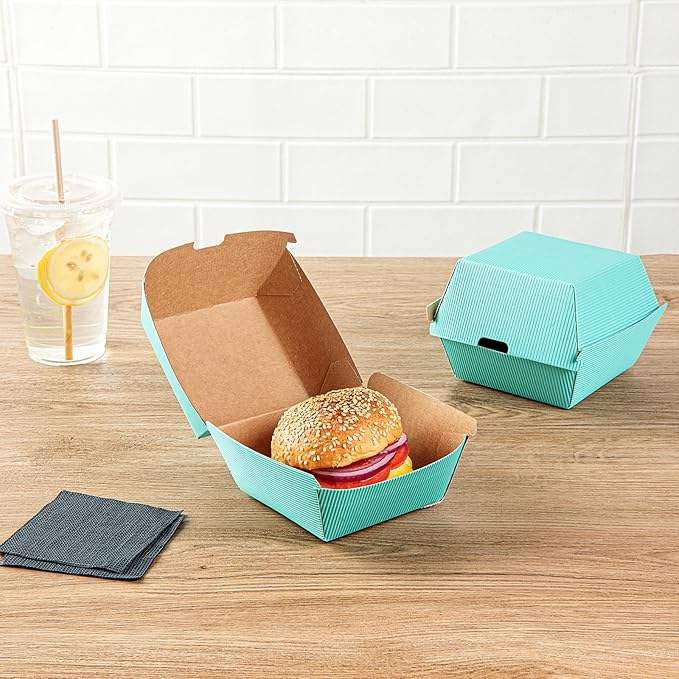 Restaurantware Disposable Turquoise Paper Hamburger Boxes Matte Finish Ripple Wall Technology Hinged Lid for Takeout Containers