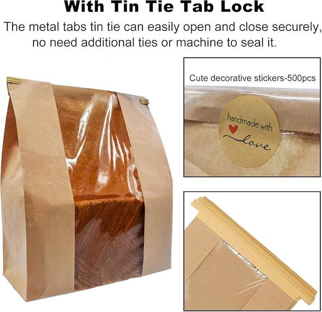 Window Kraft Paper Bread Bag with Tin Za Label Lock for Baking Coffee Beans Cookies-Packaged with Seal Sticker Custom Bread Bags