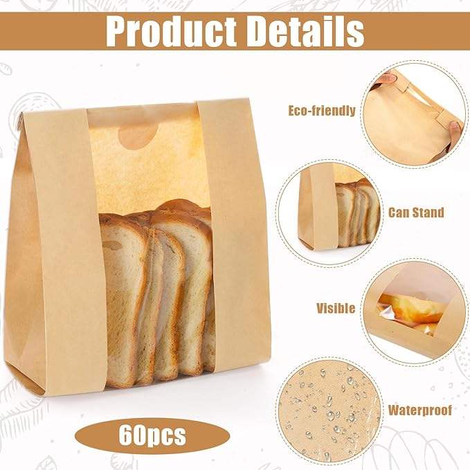 Kraft Bread Bag with Window for Wrapping Toast Croissants Bagels Doughnuts Food Safe Bakery Bags Laminated Custom Bread Bags