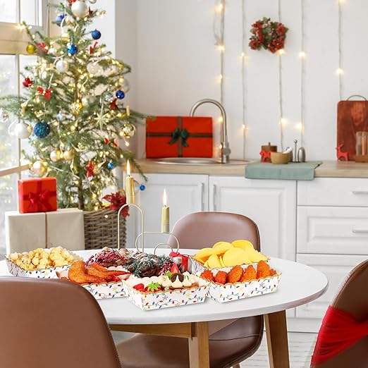 Food Trays Plaid Lights Nutcracker Disposable Christmas Paper Boat Nachos Hot Dog Party Supplies (Bright, Holiday Lights)