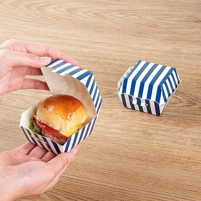Mini Burger Box Food Container with Hinged Lid - Blue and White Striped Paper Takeout Burger Box