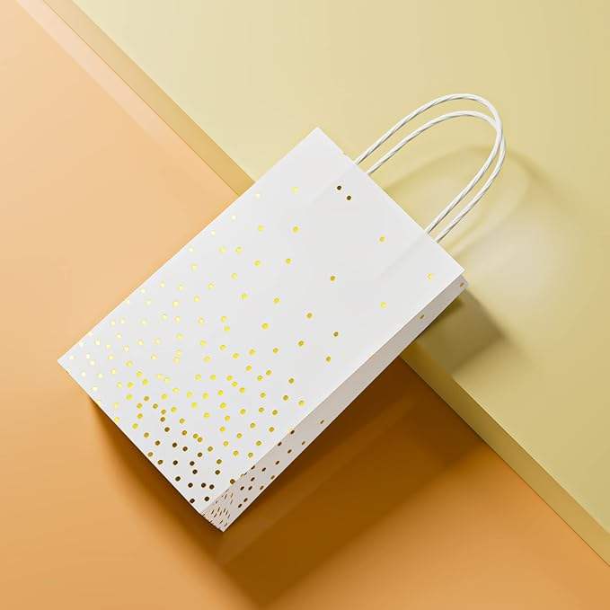 White and Gold Gift Bags with Handles and Gold Foil Dots Perfect for Bridal Party Birthday Party Shopping Bag