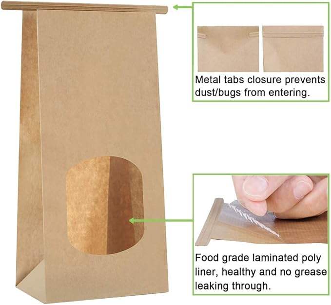 Kraft Paper Bag Clear Window Tin Label Lock for Storing Cookies Rustic Brown Sturdy Moisture-Air Protected Custom Bread Bags