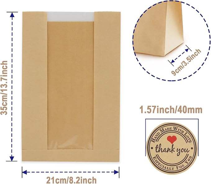 Custom Brown Paper Bread Bag Set Window for Baked Goods Storage Craft 40 Label Sealing Stickers Custom Bread Bags