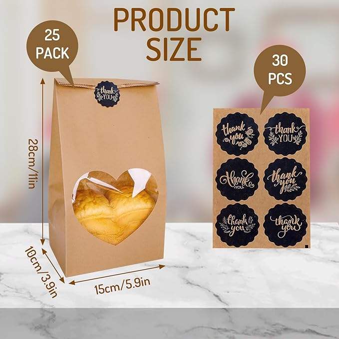 Homemade Bread Storage Bag with Heart Window and 30 Decal Kraft Paper Bread Bags Custom Bread Bags