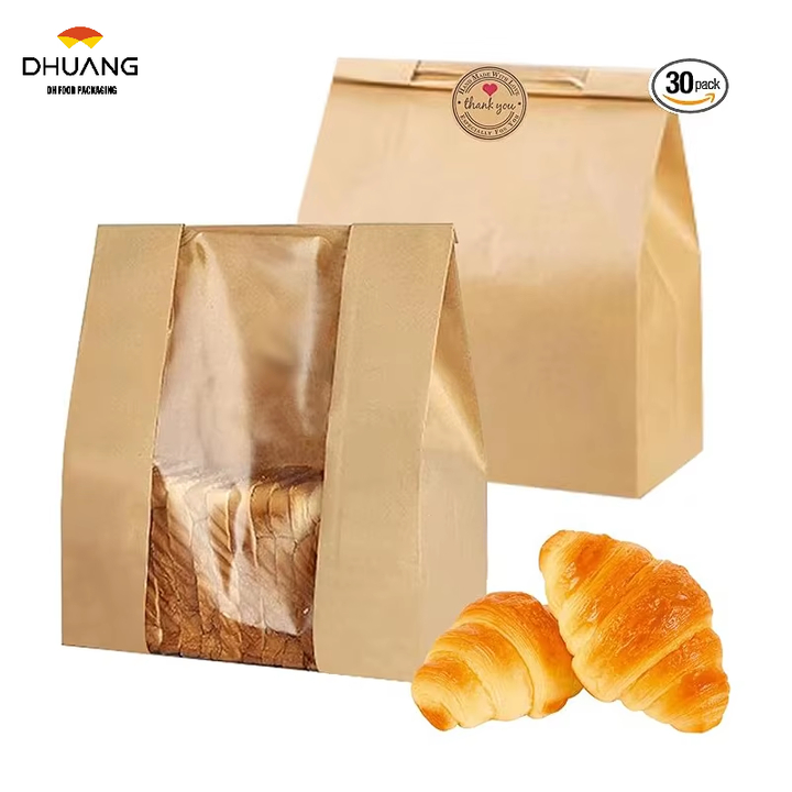A Brown Paper Bag with a Window for Bread Storage Food Packaging for Storage Sealed Label Custom Bread Bags