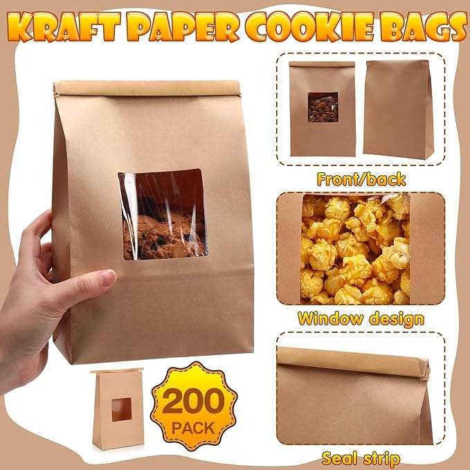 200 Bread Bags with Window Paper Cowhide with Tin Tie Lock Coffee Beans Snacks Bread and Candy Custom Bread Bags