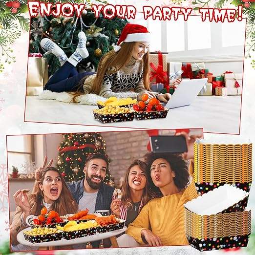 Paper Food Trays Christmas Plaid Lights Disposable Nachos Popcorn Hot Dogs Holiday Party Supplies (lively, Colorful)