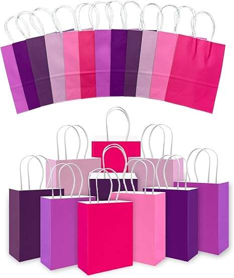 Bulk Small Kraft Paper Gift Bags with Handles 6 Different Pink and Purple Colors for Crafts and Clothing Multiple Uses