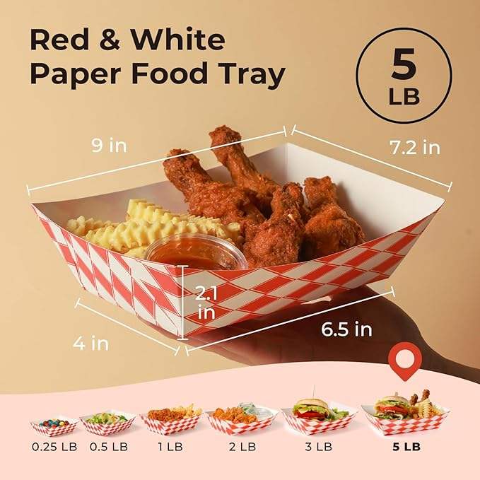 5 Pound Paper Food Tray Disposable Red Check Oil Resistant Party Picnic Carnival, Corn Chips.