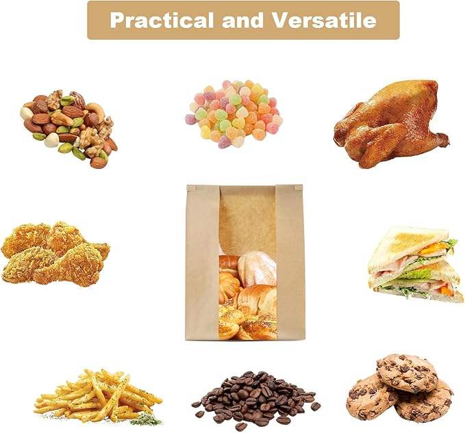 Industrial-Grade Tin Tab Seal Commercial-Grade Window Bags Personalized Kraft Paper for Fresh Baked Goods Custom Bread Bags