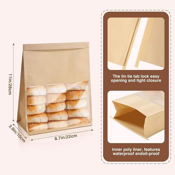 Kraft Paper Bread Bags Tin Label Lock Bag for Toast and Food Storage for Pizza and Sugar Packaging Custom Bread Bags