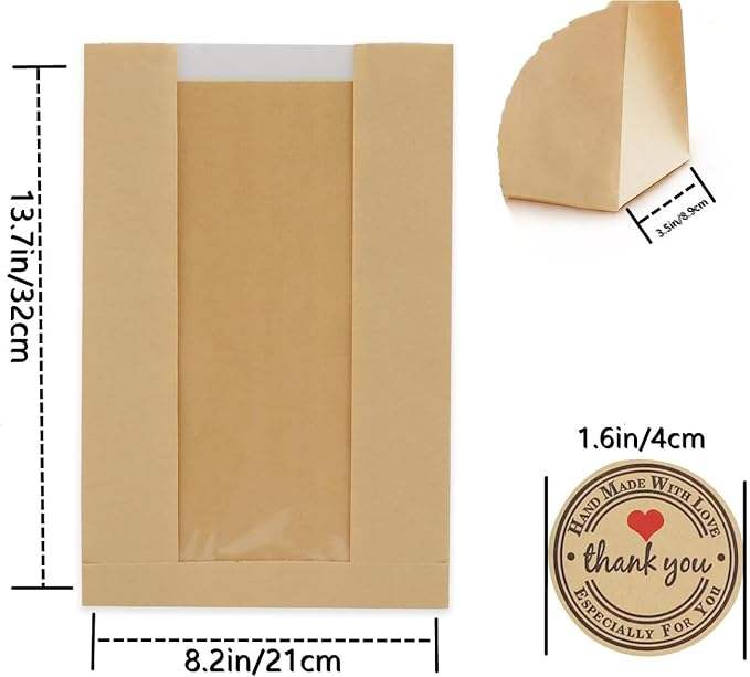 Bread Bag with Window Brown Paper Sourdough Toast Packaging Storage Food Bag Label Seal Sticker CUSTOM Bread Bags