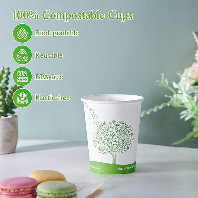 Biodegradable 8oz Disposable Paper Coffee Cups with PLA Lining, Eco-friendly Hot Drink Cups for Parties, Picnics, and Travel