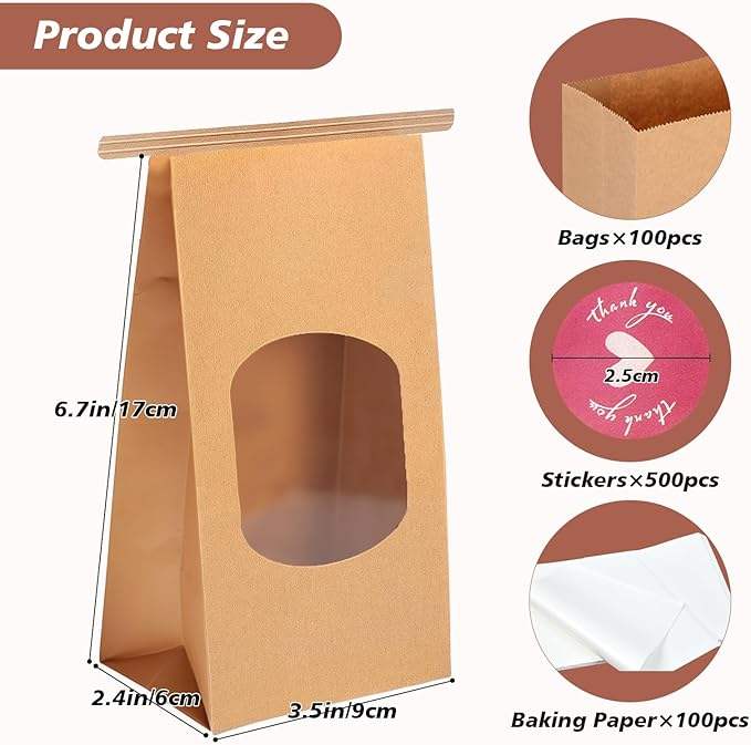 100 Paper Bread Bags With Window Tin Tag Bag 500 Stickers for Sourdough Bread Biscuits Coffee Beans Custom Bread Bags