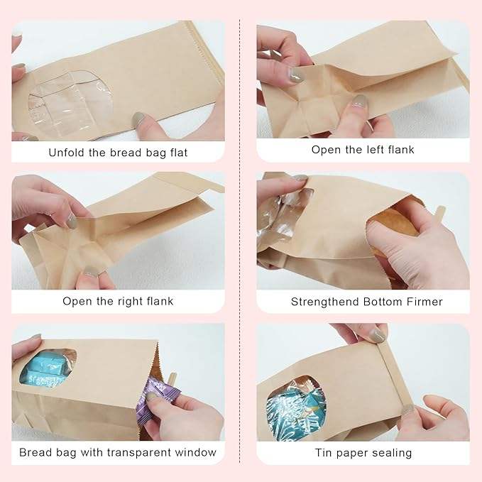 100 Paper Bread Bags With Window Tin Tag Bag 500 Stickers for Sourdough Bread Biscuits Coffee Beans Custom Bread Bags