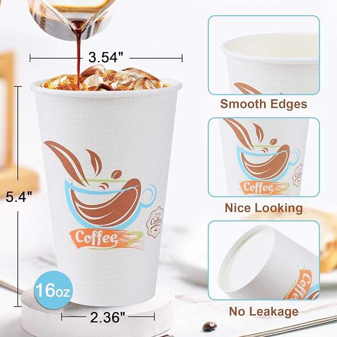 16 oz Paper Disposable Coffee Cups for Hot and Cold Drinks, Coffee Shops, Offices and Restaurants